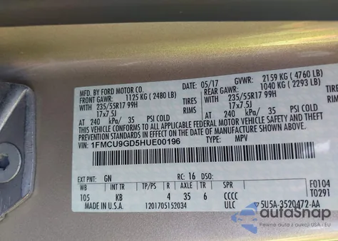 2017 Ford Escape Se from USA, damaged, VIN 1FMCU9GD5HUE00196